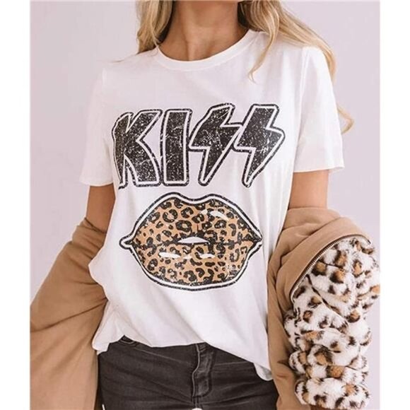 White KISS‎ Fitted Vintage Graphic Tee Rock Band Short Sleeve T-Shirts Top - Picture 1 of 6